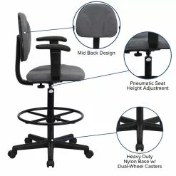 Flash Furniture Mid Back Fabric Ergonomic Drafting Stool With Arms, Gray (BT659GRYARMS) -Office Chairs Sale BB445086 577B 434E A19EA8C030364287 s7