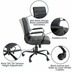 Flash Furniture Whitney Ergonomic LeatherSoft Swivel Mid-Back Executive Office Chair, Black/Black (GO2286MBKBK) -Office Chairs Sale sp133536220 s7