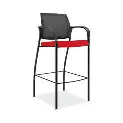 HON® HON Ignition Ilira-Stretch Mesh/Fabric Cafe Height 4-Leg Stool, Fixed Arms, Black/Ruby (HONIC108IMCU67)