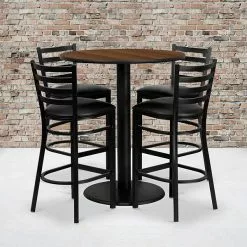 Flash Furniture 36'' Round Table Set W/4 Ladder Back Metal Bar Stools, Walnut /Black (MD0011)